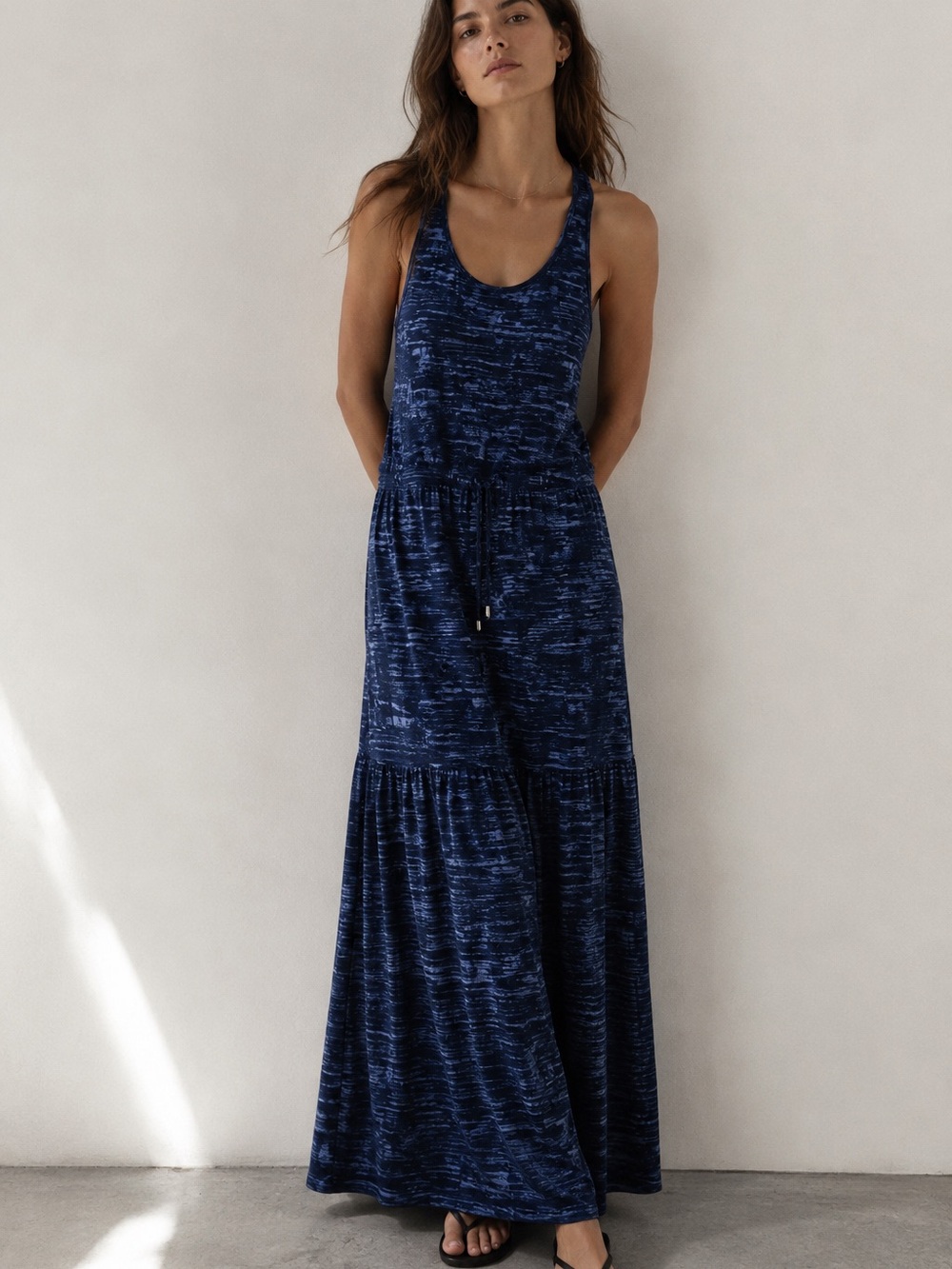 ATHLETA Blue Printed Racerback Maxi Dress Built-In Bra Medium Tall Friendly